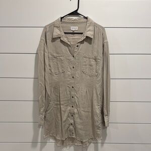 Tan Button-Up Dress with Frayed Hem